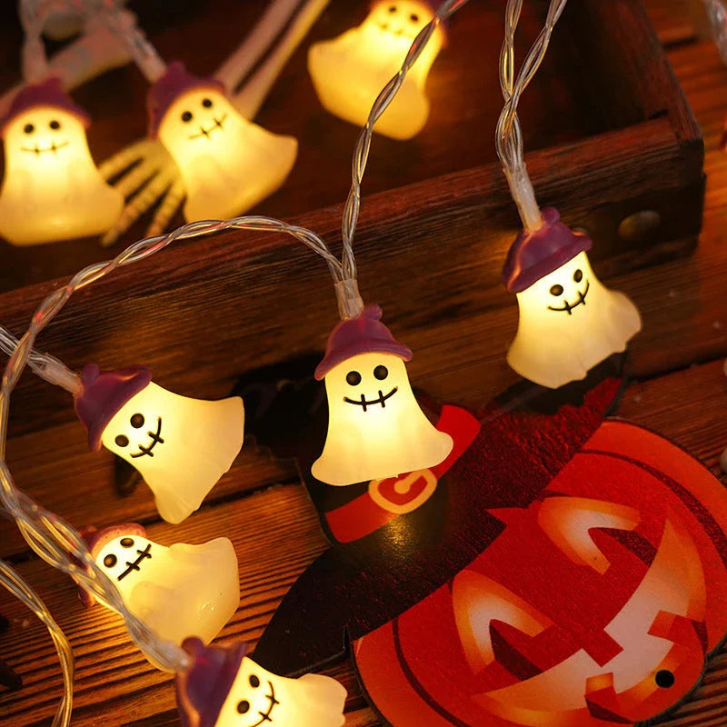 Warm glowing Halloween lighting chain with pumpkins, ghosts, and bats for indoor and outdoor decoration
