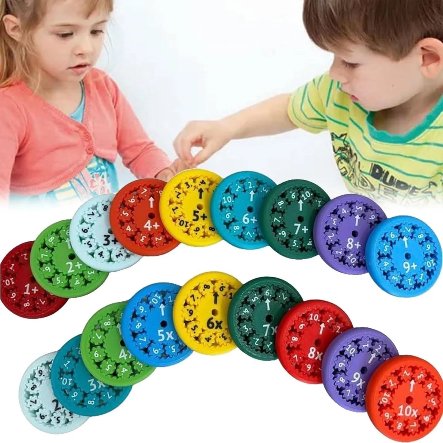 Colorful math fact fidget spinners with addition, subtraction, multiplication, and division equations for interactive learning and math practice