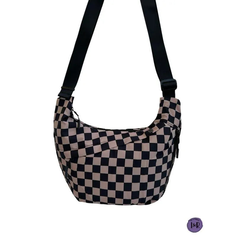 PU crossbody bag for men with adjustable shoulder strap, shown in black and checkered colour options