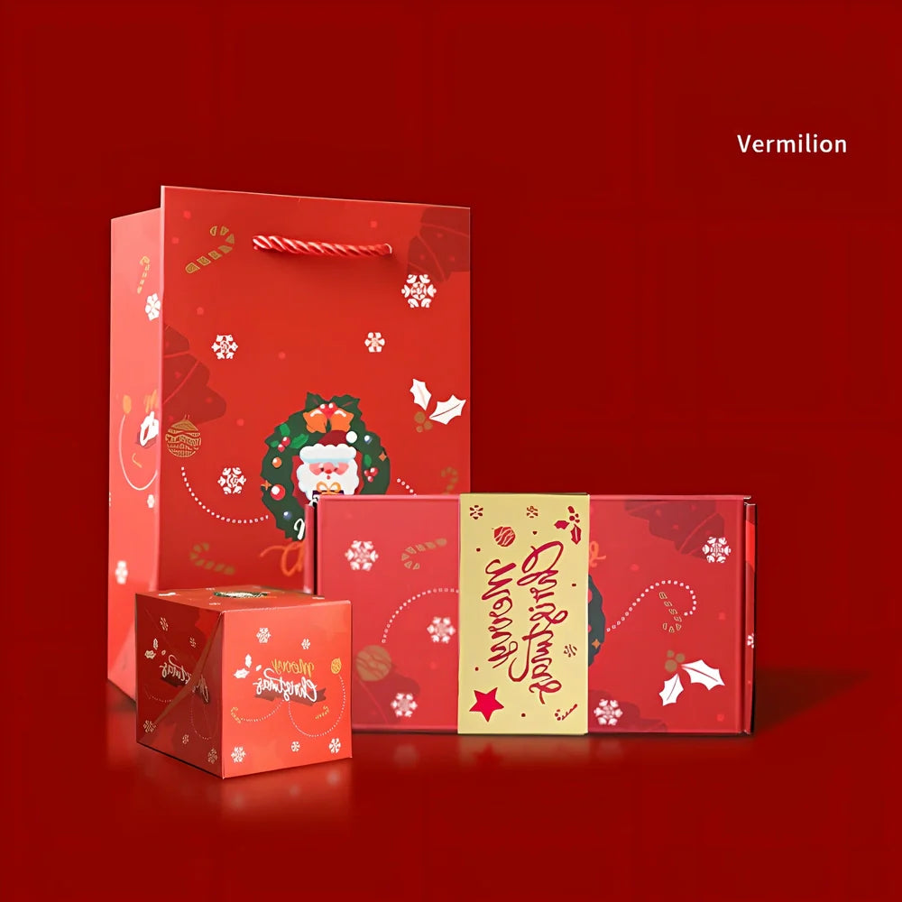 Christmas Eve Surprise Box showing bounce box compartments in cinnabar red with gift box and bag