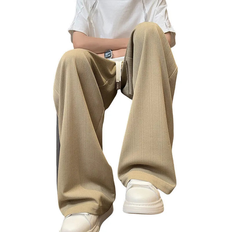 Men's summer loose straight polyester casual trousers in white, black, khaki, or apricot, sizes M to 5XL