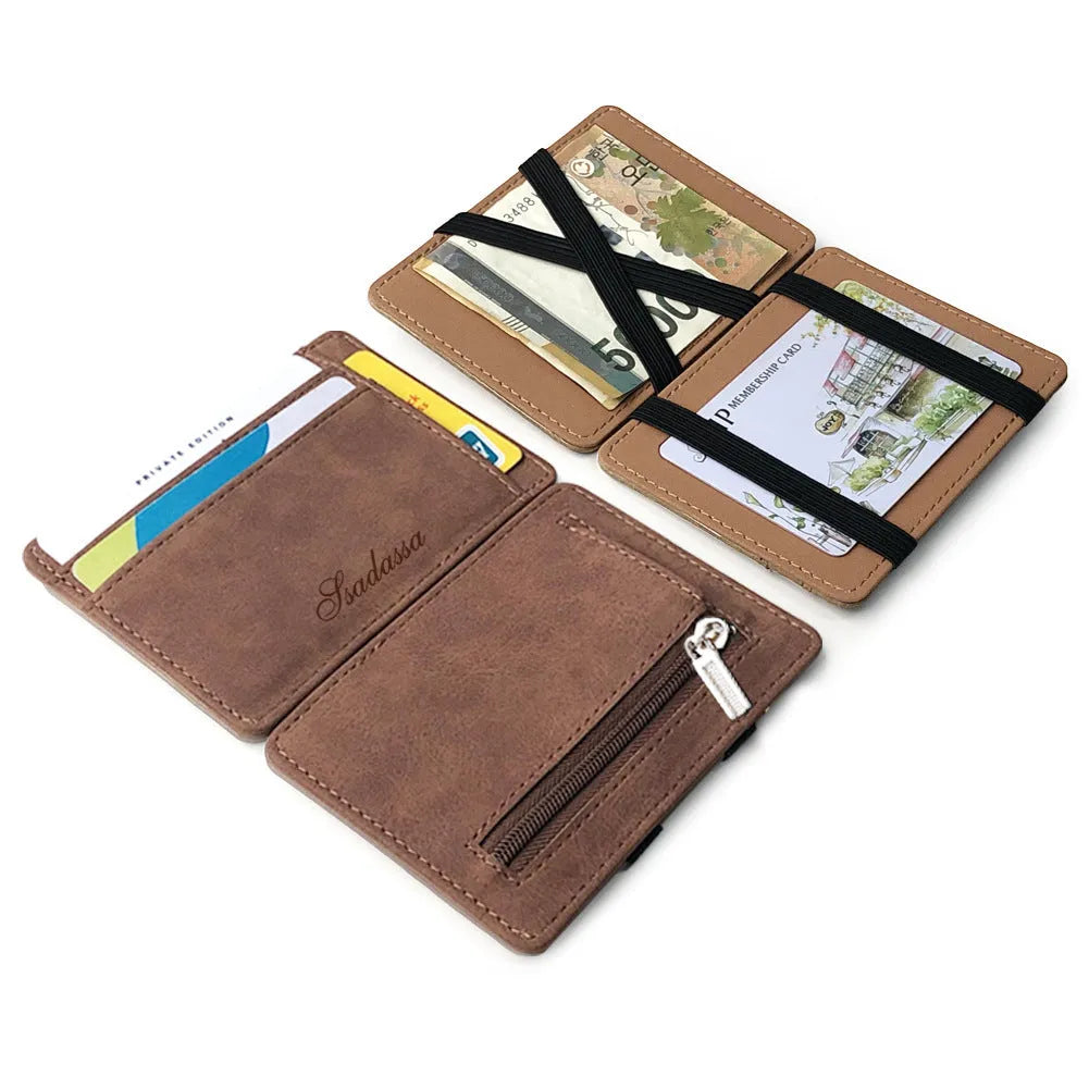Matte leather magic wallet in horizontal square shape with sewing line detail and coin pocket