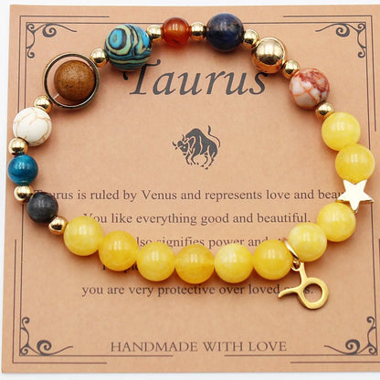 12 Constellation Morgan Stone Beaded Bracelet featuring detailed zodiac signs on 19mm beads
