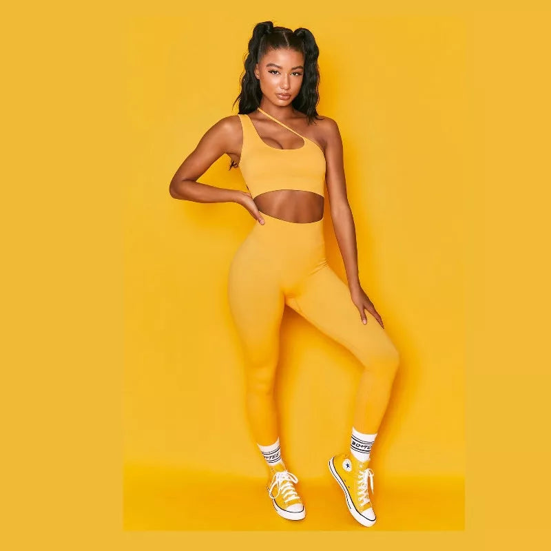 Women's high elastic sleeveless yoga fitness suit in yellow, purple, and blue