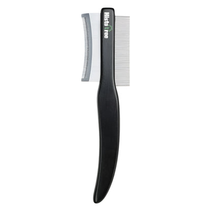 Black double-sided pet hair comb with wood handle and stainless steel teeth for cat and dog grooming