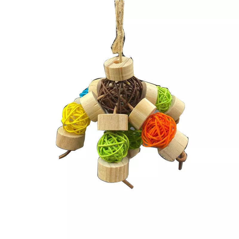 Natural wood nibbling toy for birds, available in small, medium, and large sizes