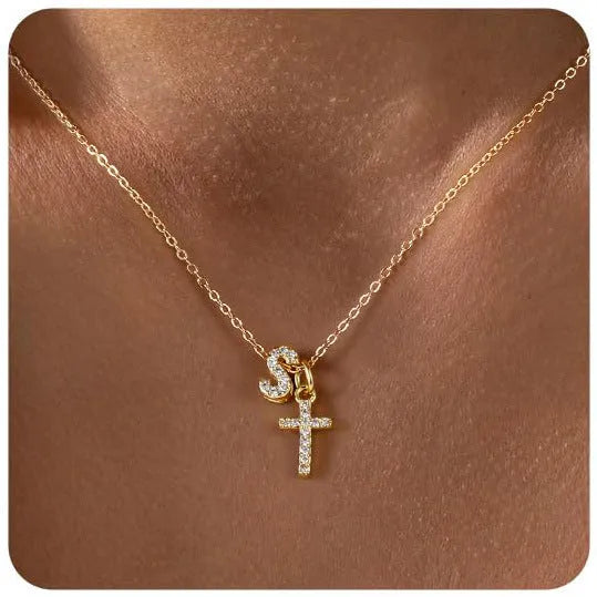 A-Z zircon inlaid letter necklace on a copper regular chain with electroplated finish