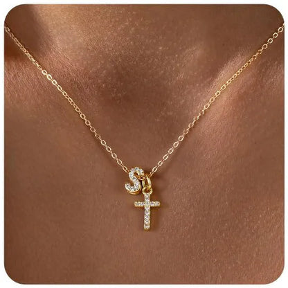 A-Z zircon inlaid letter necklace on a copper regular chain with electroplated finish