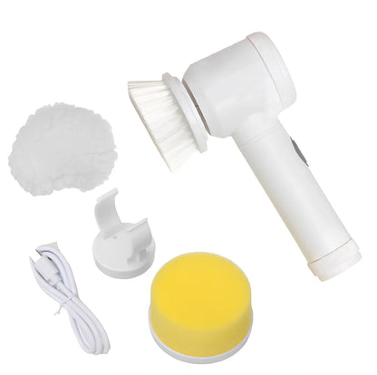 Electric cleaning brush with five interchangeable heads for kitchen and bathroom cleaning tasks