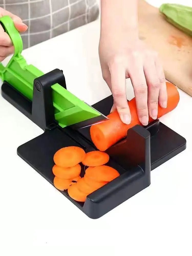 Vegetable cutter for carrots, potatoes, and general kitchen use, made from stainless steel blades and plastic housing in green or red colour options, with a modern simple design weighing 410 grams for efficient food preparation.