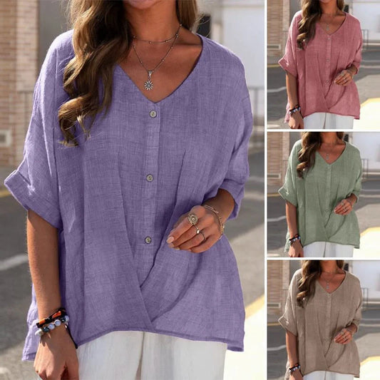 Women's cotton linen V-neck pullover short sleeve casual top in various colors
