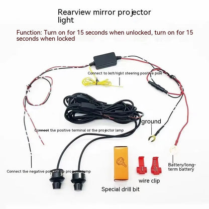 Universal car rearview mirror angel wings projection courtesy lamp with aluminium housing.