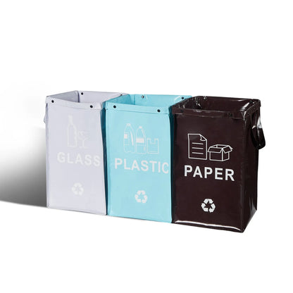 Handbag-style 40-litre garbage bin in blue, showing sorting compartments and 30x50x30cm dimensions