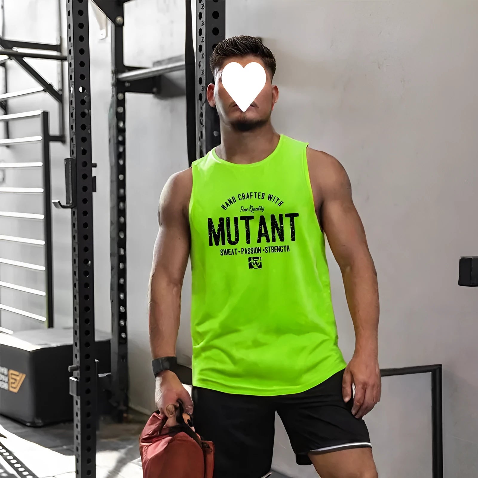 Loose-fit polyester workout tank top in multiple colours on a size chart.