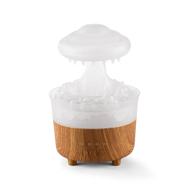 Wood grain cloud-shaped humidifier diffuser with coloured night light and water droplets