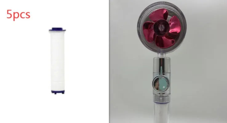 Chrome-finished ABS plastic water-saving shower head with a round, rotating spray head.