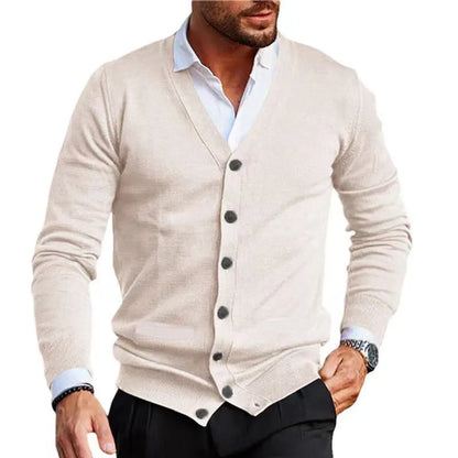 Men's slim fit acrylic cardigan sweater in autumn colours with long sleeves and front button opening