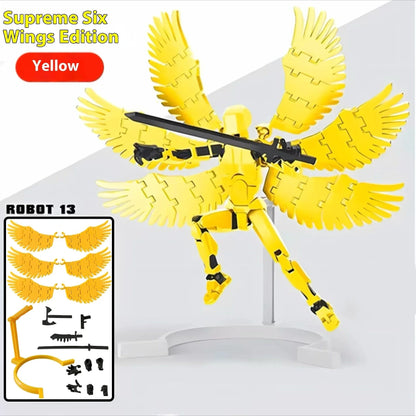 Highly posable 3D printed robot mannequin toy with interchangeable accessories, including wings and weapons