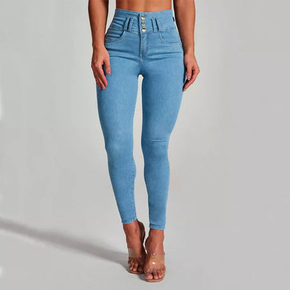 Women's high waist skinny jeans in dark blue and light blue, sizes S-XXL
