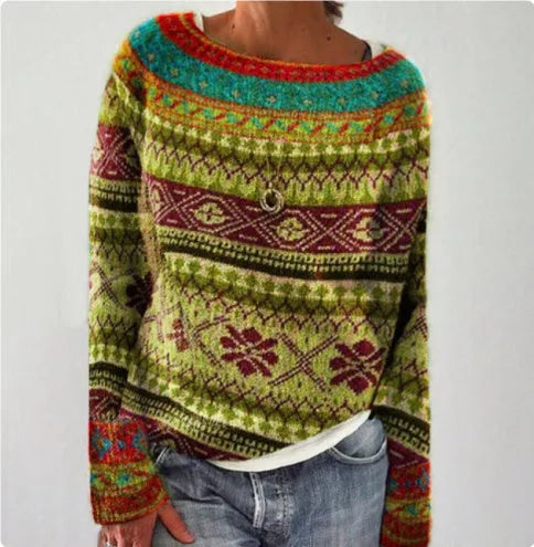 Women's loose round neck acrylic pullover sweater in geometric and stripe prints, sizes S-5XL, 50cm length