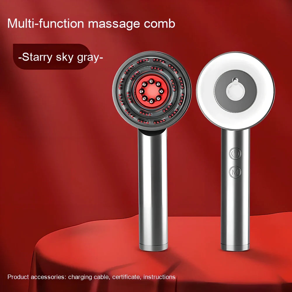 Fluffy comb scalp massager with infrared light therapy functions showing comb attachment and control buttons