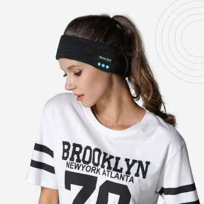 Bluetooth 5.4 head band with eye mask and sports scarf functions in black, dark grey, or grey-white colours