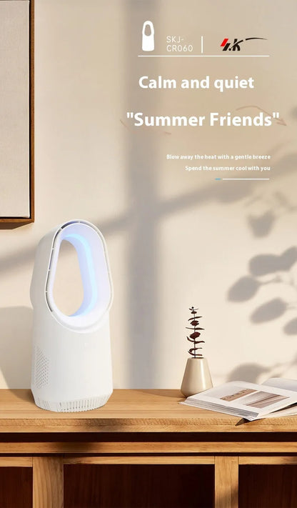 White SK bladeless tower fan with remote control on a wooden desk.