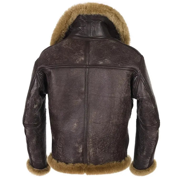 Men's brown retro synthetic leather fur coat with side pockets, shown as winter outerwear.