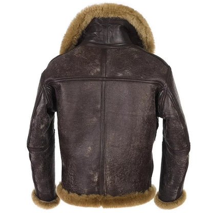 Men's brown retro synthetic leather fur coat with side pockets, shown as winter outerwear.