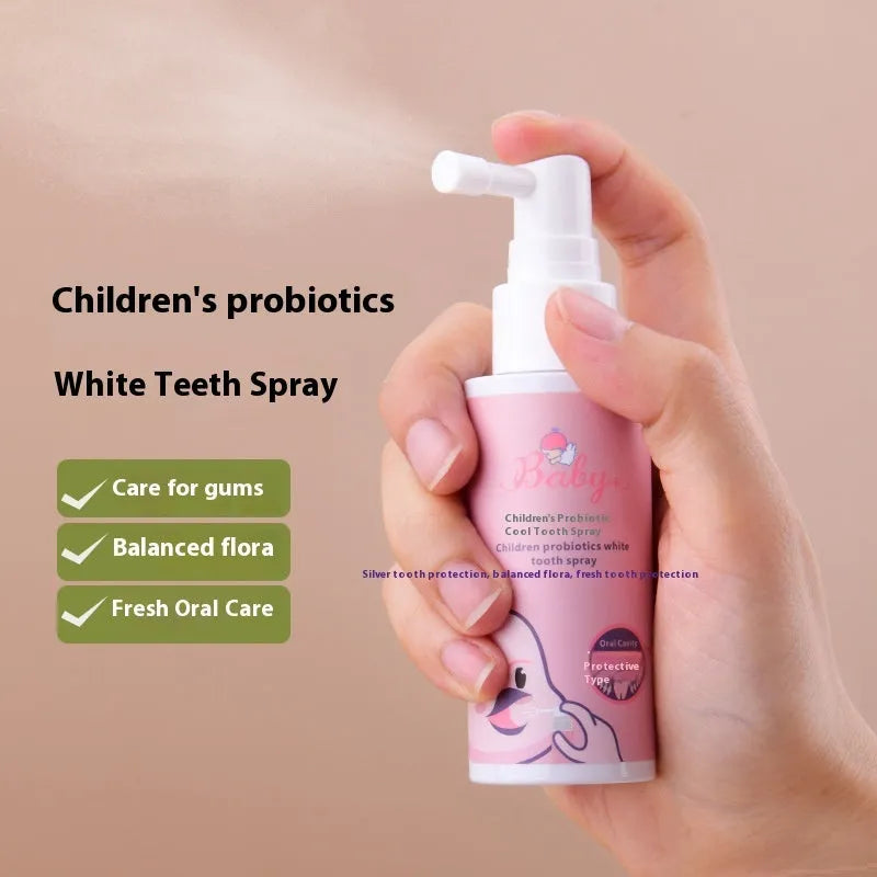 40ml bottle of children's probiotic oral spray for white teeth and cavity prevention in strawberry or orange flavour