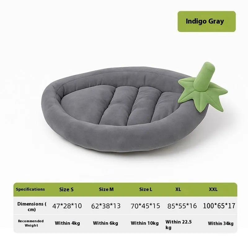 Dog mat with removable cloth cover in brown, gray, orange, or purple, showing size options for small to large dogs.