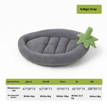 Dog mat with removable cloth cover in brown, gray, orange, or purple, showing size options for small to large dogs.