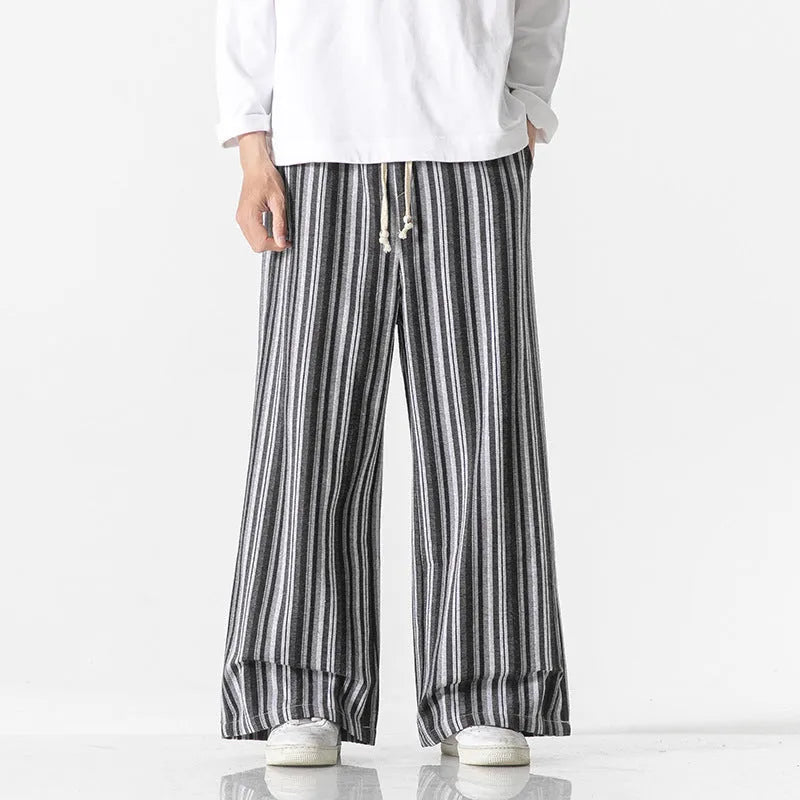 Vintage stripe loose straight mopping pants in cotton blend fabric showing straight leg and mid waist design