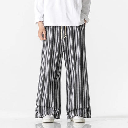 Vintage stripe loose straight mopping pants in cotton blend fabric showing straight leg and mid waist design