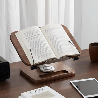 Black walnut solid wood reading rack with adjustable angle on rotating base