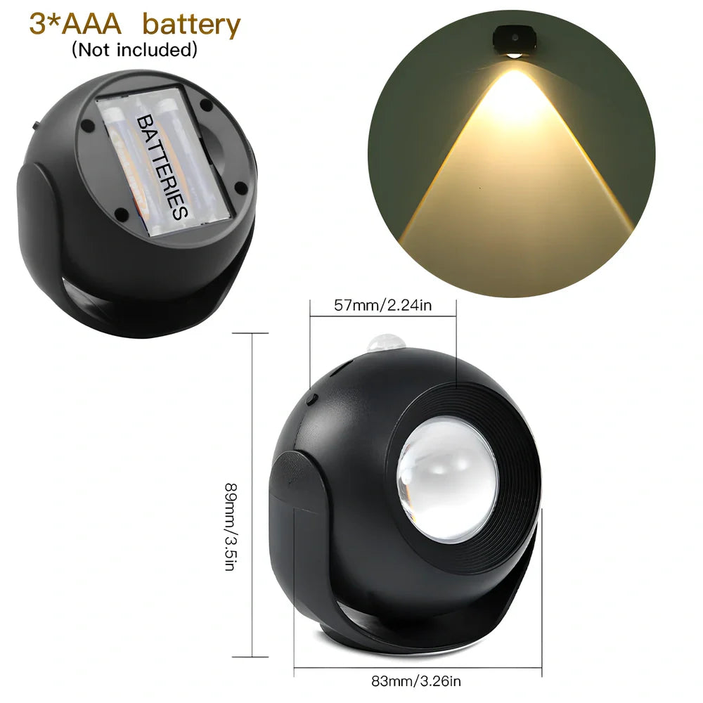 Adjustable angle human sensing wall light with rotating head and adhesive mounting for corridors