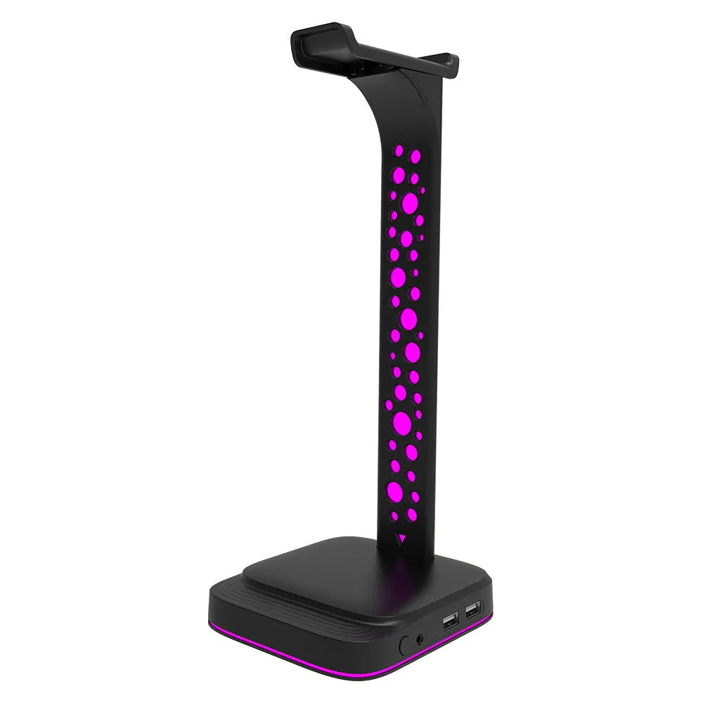 RGB headphone bracket with dual USB ports and colour changing LED lighting on acrylic stand