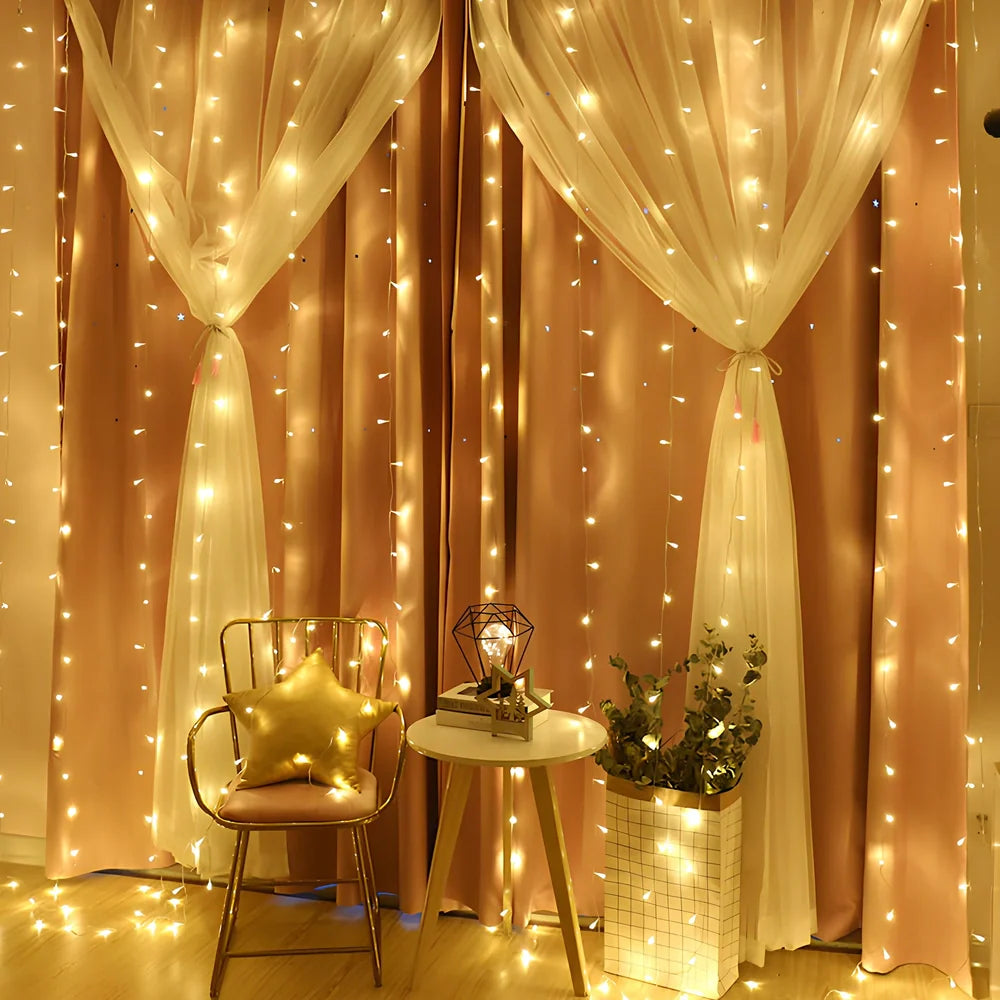Sound control Christmas light curtain with USB cable and remote, showing multiple lighting modes on 3 metre wide design