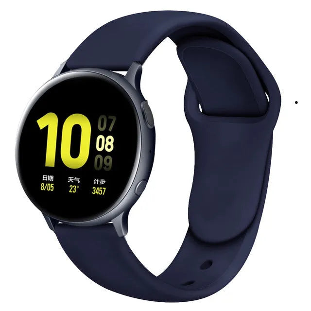 Samsung Galaxy Active 2 reverse buckle silicone strap showing 20mm and 22mm width options