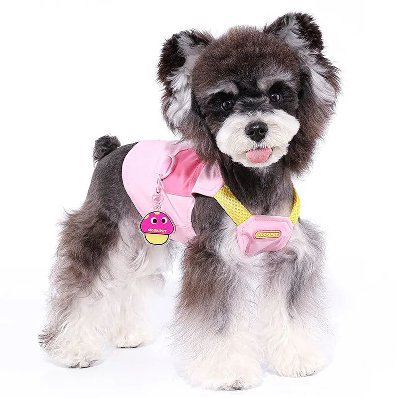 Pink polyester pet vest for small dog breeds on mannequin showing adjustable design
