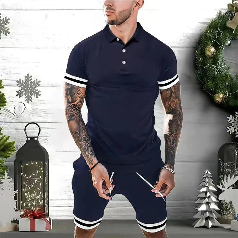 Men's two-piece casual outfit featuring a polo shirt and athletic shorts in various colors and sizes