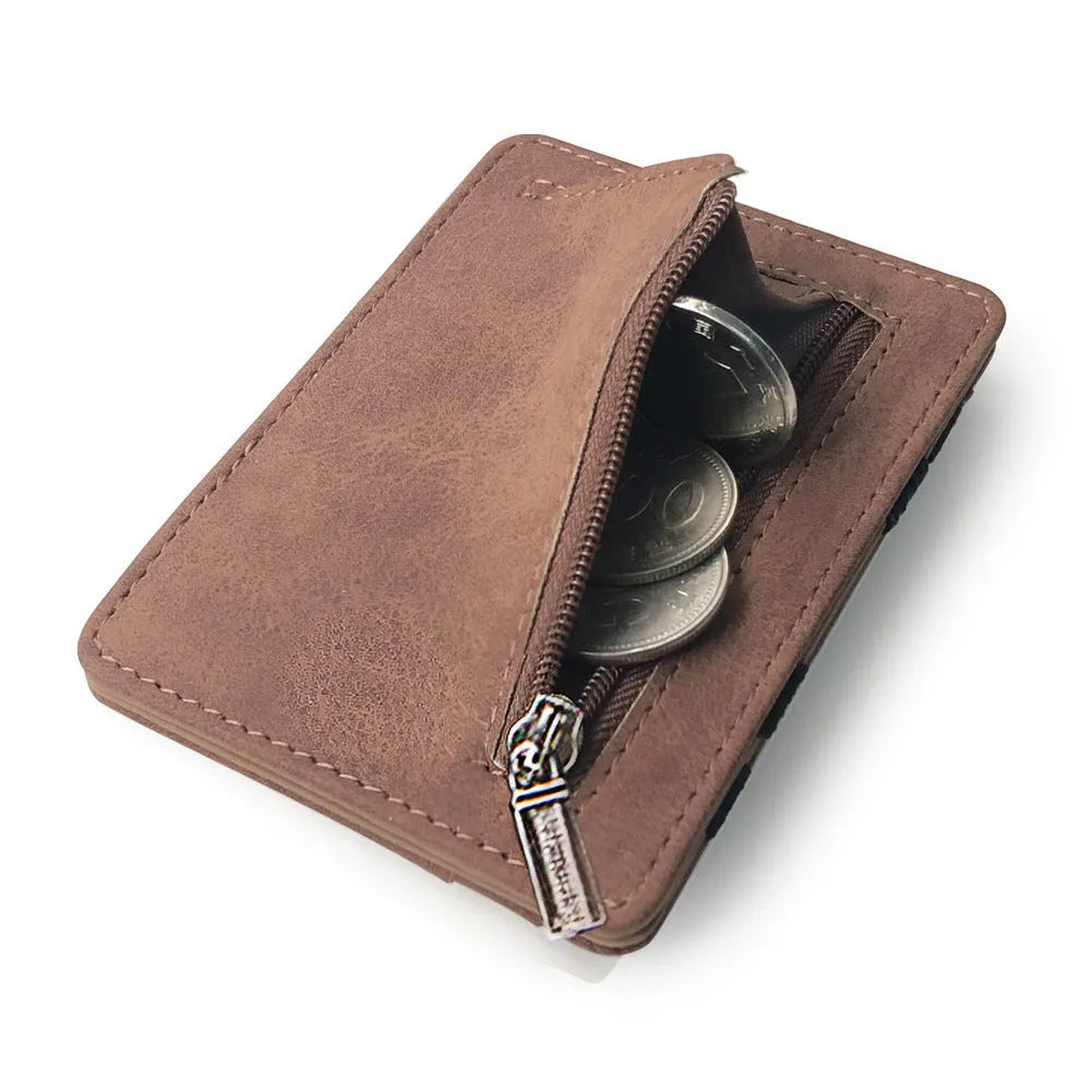 Matte leather magic wallet in horizontal square shape with sewing line detail and coin pocket