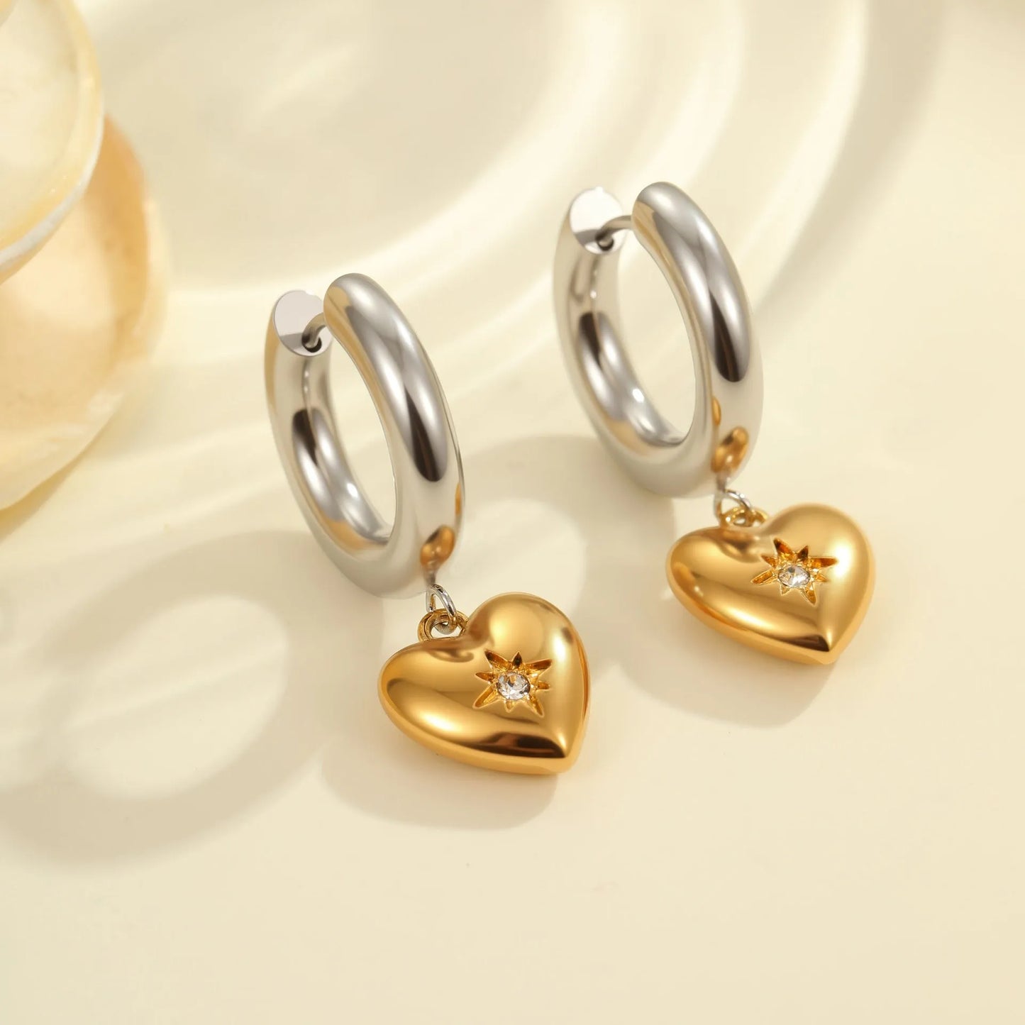 Stainless steel Christmas tree earrings with 18K gold electroplating in heart and star shapes