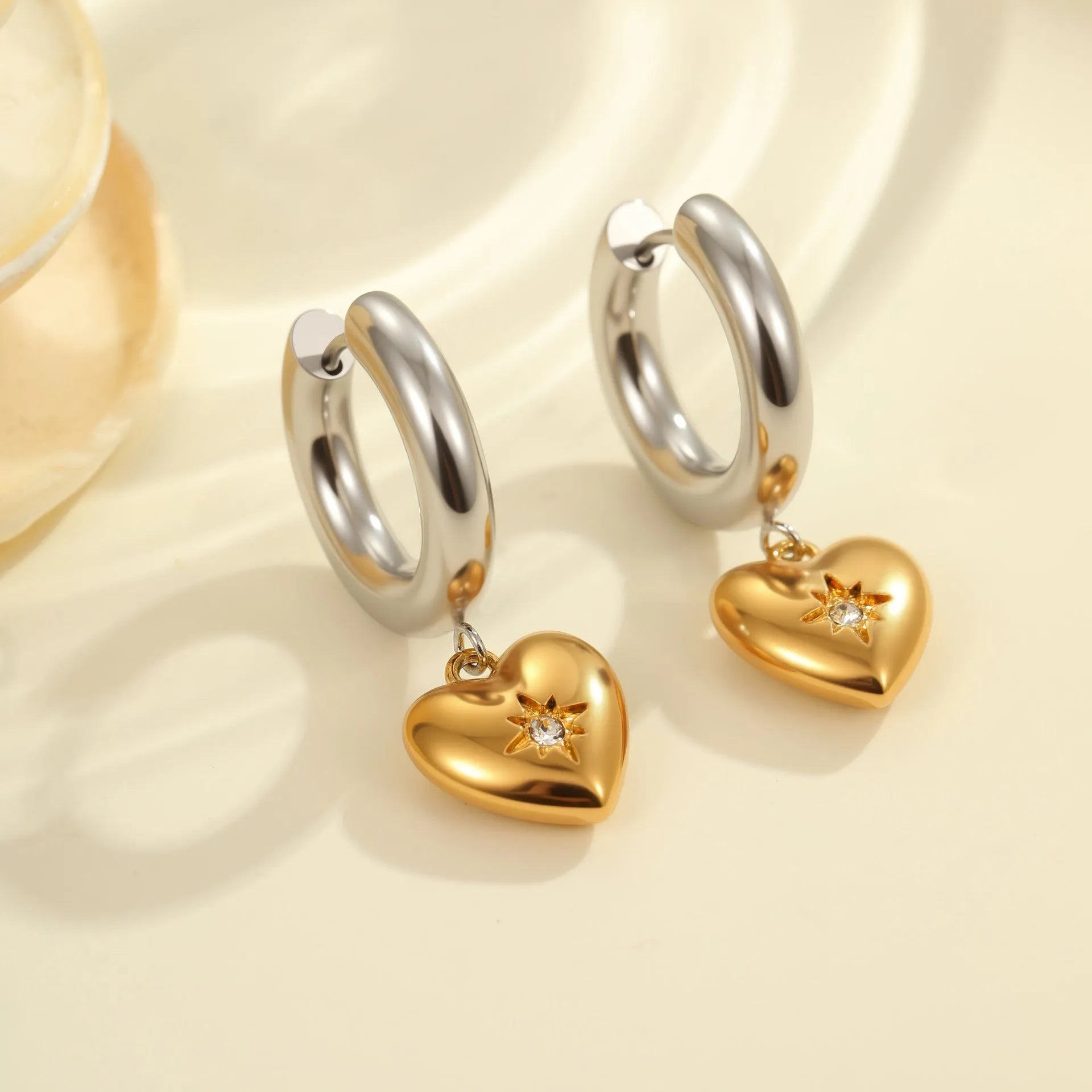 Stainless steel Christmas tree earrings with 18K gold electroplating in heart and star shapes
