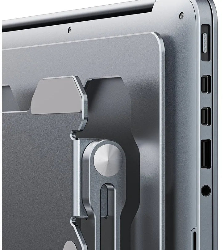 Grey aluminium alloy laptop stand with adjustable angle and folding legs for portable use