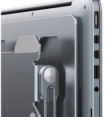 Grey aluminium alloy laptop stand with adjustable angle and folding legs for portable use