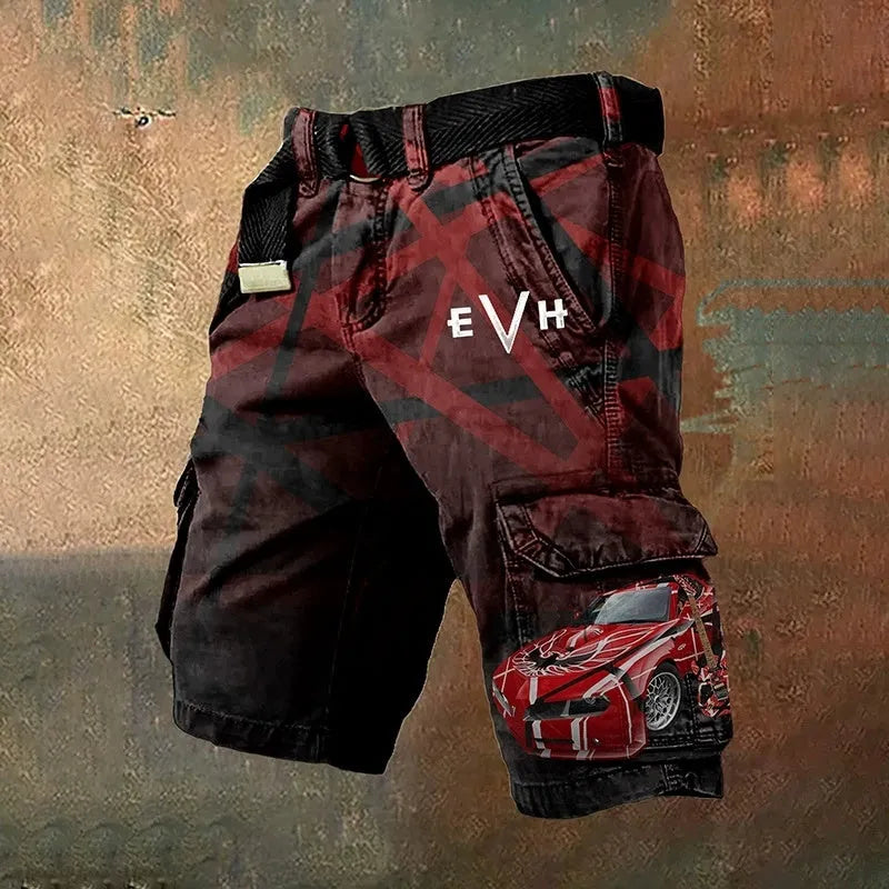 Men's digital printed zip shorts in polyester fabric showing colour and pattern options