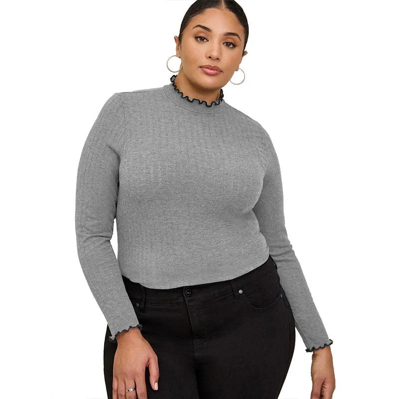 Women's half-high collar long sleeves t-shirt in rib sunken stripe fabric, available in multiple colors