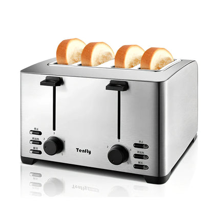 Silver grey 4-slice toaster with stainless steel body and baking rack on kitchen counter