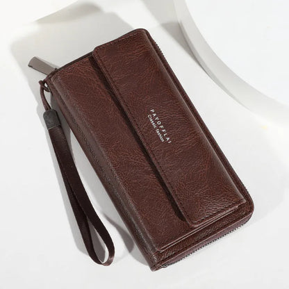 Men's black PU long-fold wallet with multiple card slots, shown open.